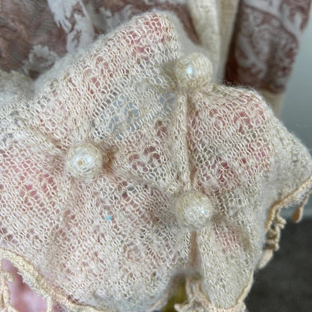 Paisley Knit Tassel Scarf Women Tan Brown Beaded Boho Romantic Wrap Fairy
